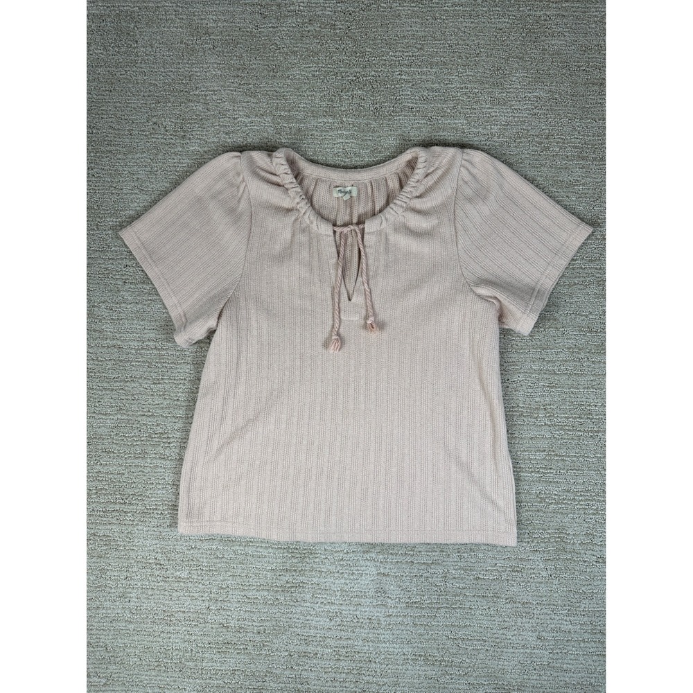 Madewell Womens Pink Waffle Knit Tie Neck Short Sleeve Top ND858 Small